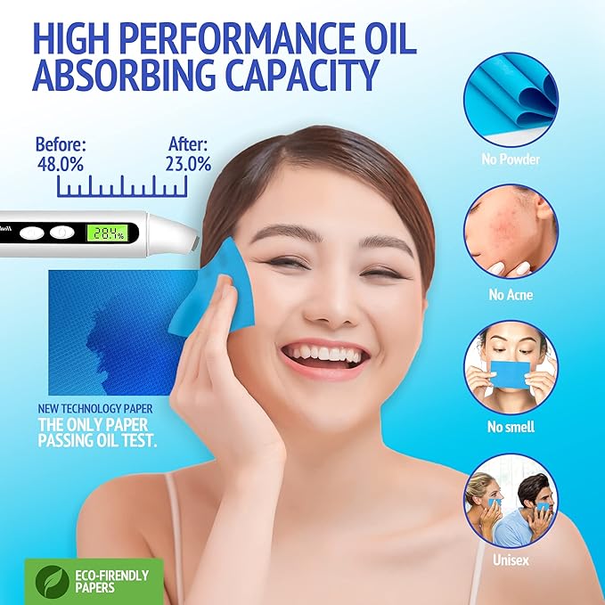 Blue Oil Wipes - Portable Face Blotting Sheets - Japanese High Performance Technology - Grain Free Softer Oil Pads - 50 Sheets
