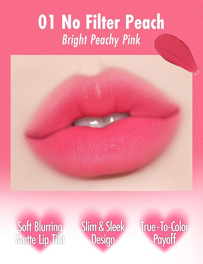 Peach C Blurry Filter 01 No Filter Peach Korean Lip Stain Marker | Matte Korean Lip Tint Long Lasting w/Soft Blur Finish| Comfortably Light & Long Lasting Lip Tint |Smooth Lip tint Stain 0.21 Fl Oz