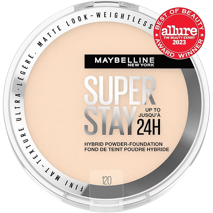 Maybelline Super Stay Up to 24HR Hybrid Powder-Foundation, Medium-to-Full Coverage Makeup, Matte Finish, 120, 1 Count