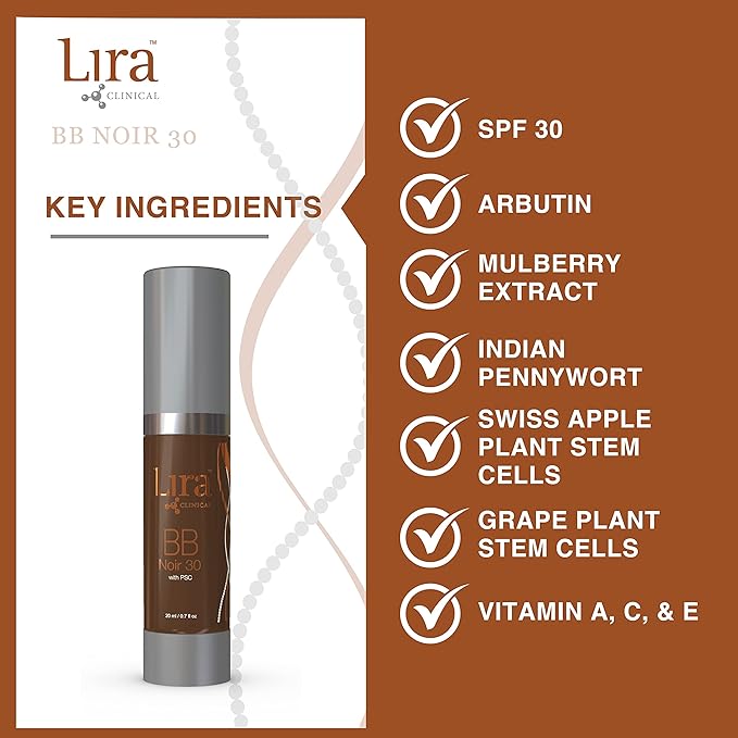 Lira Clinical BB - SPF 30 Tinted BB Cream with PSC & Vitamins - Full coverage - 0.7 fl oz. (BB Noir 30)