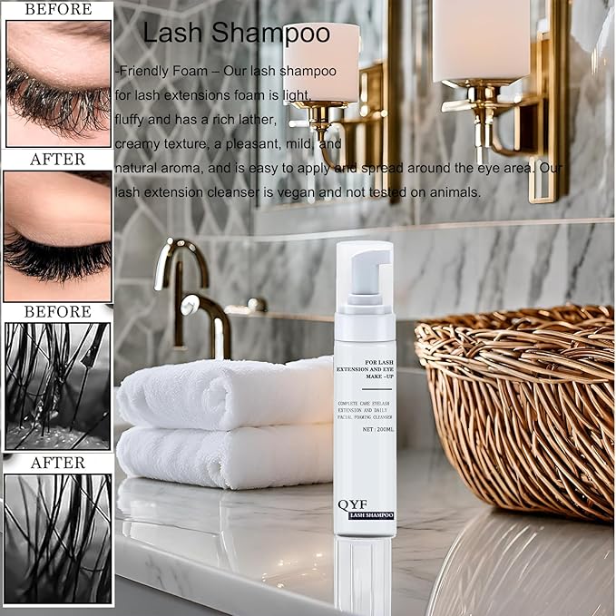 Natural Lash Shampoo + Brush for Eyelash Growth & Care | Biotin & Keratin Infused Eyelash Cleanser | Vegan, Gentle Formula for Long Lashes & Extensions | Safe for Sensitive Eyes (6.76oz)