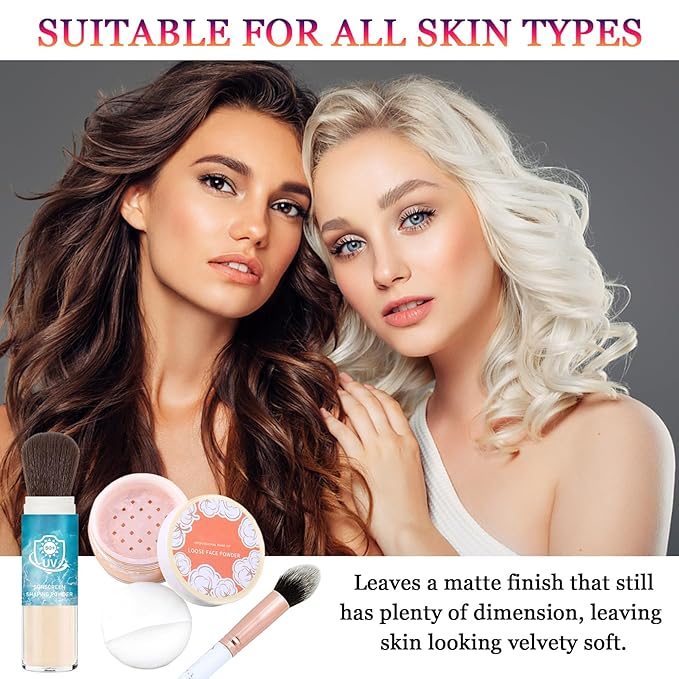 2PCS Loose Setting Powder with Cosmetic Brush,Waterproof Loose Powder Makeup,Natural Matte Translucent Powder Setting Powder,Oil Control Loose Face Powder for Women and Men