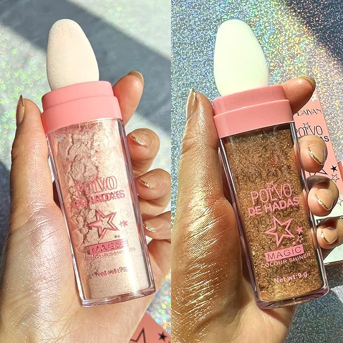 Highlighter Powder Stick Makeup 2Pcs Polvo De Hadas Body Glitter Shimmer Highlighter Powder High Gloss Blush Contour Powder Makeup Shine Face Powder Blush for Eyes Lips Hair Body Glow (Pink,Brown)