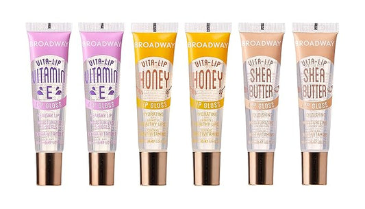 6 pcs Broadway Vita-Lip Gloss High Shine Long Lasting 2 Honey + 2 SHEA BUTTER + 2 Vitamin E Oil by RubyKisses Cosmetics