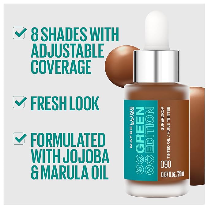 Maybelline Green Edition Superdrop Tinted Oil Base Makeup, Adjustable Natural Coverage Foundation Formulated With Jojoba & Marula Oil, 50, 1 Count