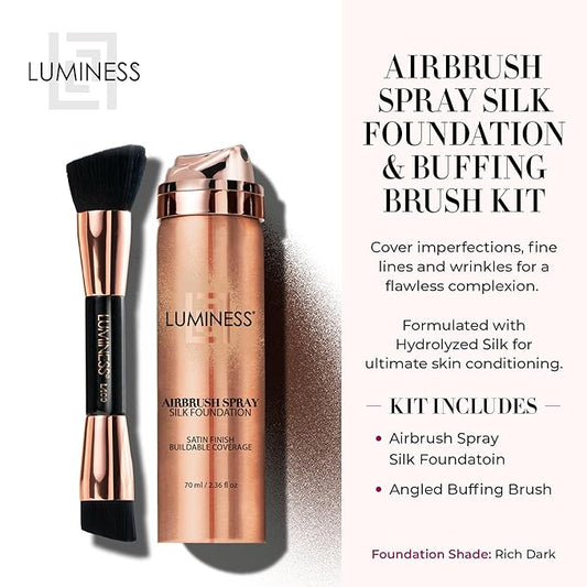 LUMINESS Silk Airbrush Spray Foundation & Buffing Brush Kit – Full Coverage Foundation & Dual-Sided Buffing Brush - Buildable Coverage, Anti-Aging Formula Hydrates & Moisturizes (Shade - Rich Dark)
