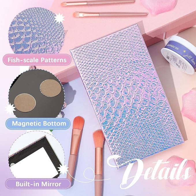 2 Pieces Magnetic Mermaid Empty Palette with Mirror and 36 Pcs Adhesive Metal Stickers Large Mermaid Makeup Empty Palette for Eyeshadow Lipstick Blush Powder