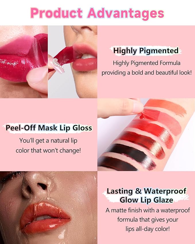 Peel Off Lip Tint Stain Set-3pcs Tattoo Lip Liner Stain Lip Gloss with Matte Finish,Long Lasting Waterproof Nonstick Lipstain Tinted Lipgloss,Mother's Day Makeup Gift Kit for Women Girl-02+04+06