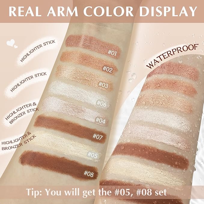 2 Pcs Cream Contour Stick Makeup Kit, Cream Highlighter Stick & Contour Bronzer Stick for Cheeks, Lightweight Blendable Smooth -Highlighter & Bronzer (#05 Beige Gold #08 Brown)