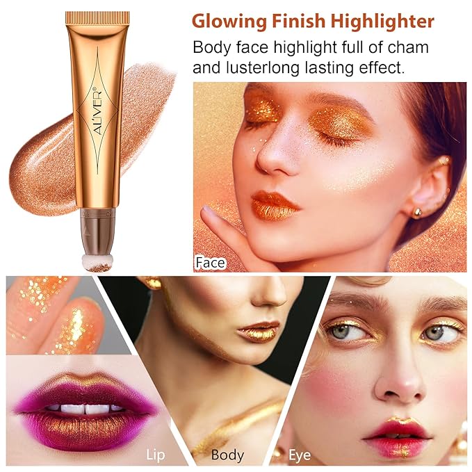 Highlighter Makeup Stick,Liquid Beauty Highlighter Wand with Cushion Applicator,Long Lasting Smooth Natural Matte Finish, Lightweight fairy Highlighter Stick (05-Gold)