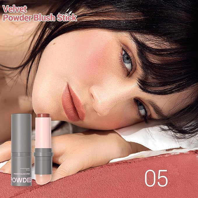 Erinde Blush Stick for Cheeks, Cream to Powder Blush Stick, Matte Blendable Buildable Color, Built-In Silicone Blush Brush, Cream Blush Stick for Cheek, Eyes & Lips, Vegan & Cruelty Free, 05