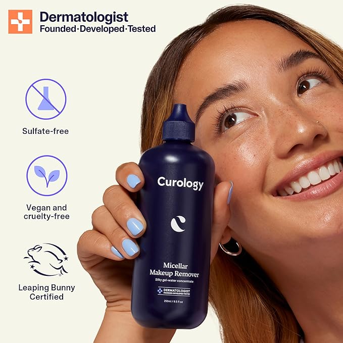 Curology Micellar Water Makeup Remover, Waterproof Eye and Face Make Up Cleansing Water, Gentle and Hydrating, Silky Gel-Water Concentrate, 8.5 fl oz