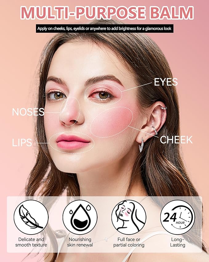 Miracle Glow Balm - Hydrating Tinted Cream Blush, Multi-Use Glow Face Balm Makeup for Cheek & Eye & Lip Tint, Creamy Lightweight Blendable Shimmer Blusher, Radiant Skin Finish, 03# Sheer Pink