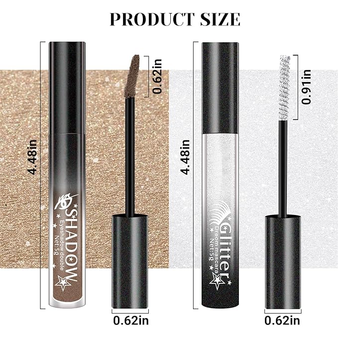 2 Pcs Glitter Mascara & Shimmer Liquid Eyeshadow Set, Long Lasting Waterproof, Shiny Diamond Eye Makeup for Party Dazzling Looks, Metallic Eye Shadow Lipstick Makeup #Set5(White+Mocha Brown)