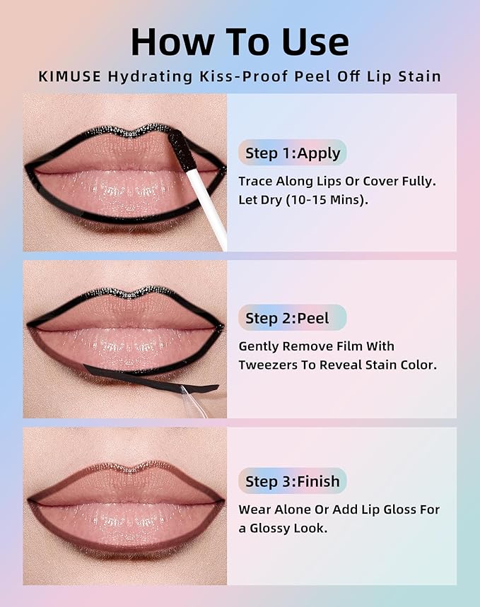 KIMUSE Lip Stain Peel Off, Lip Stain & Liner All In One, Peel Off Lipstains With Tweezer, Waterproof, Long Lasting, Natural Matte Finish