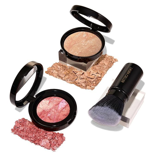 LAURA GELLER NEW YORK 40+ Club Blush-n-Balance 3pc Kit: Baked Balance-N-Brighten Color Correcting Foundation, Light + Retractable Kabuki Brush + Baked Blush-N-Brighten, Tropic Hues