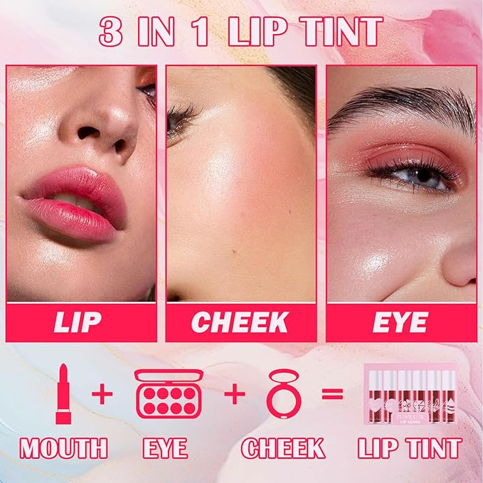 6 Colors Lip Tint Stain Set,Mini Liquid Lipstick Moisturizing Long Lasting Plumping High Pigmented Lip Gloss Set,Lightweight Non-Stick Cup Matte Lipstick for Waterproof Cheek and Lip Tint Makeup A