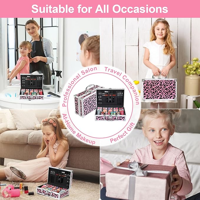 Anpro All-In-One Makeup Carry Case with Pro Teen Makeup Set, Full Starter Cosmetics Kit with Makeup Brushes, Lipsticks, Eye Shadows Palette, Blushes, Glitter Gel-Pink Leopard