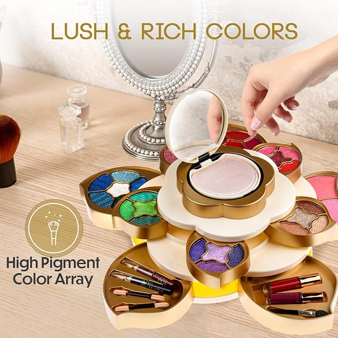 All In One Makeup Kit for Teens and Women - Flower Makeup Set for Girls with Pigmented Eyeshadows, Lip Creams, Blushes, Concealer and Mirror - Full Starter Makeup Gift Set for Beginners