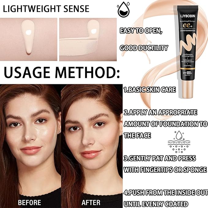 Hydrating CC Cream with Makeup Sponge,Waterproof Flawless Concealer Full Coverage BB Cream and Loose Setting Powder,Long Lasting Full Coverage Liquid Foundation for Men & Women(2 Pcs)