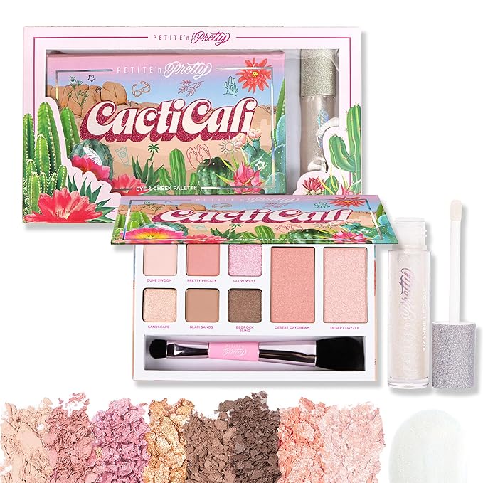 Petite N Pretty Beginner CactiCali Makeup Set for Kids, Teens, & Tweens - Natural Eyeshadow and Cheek Makeup Palette & 10k Shine Lip Gloss (Diamond Heist)