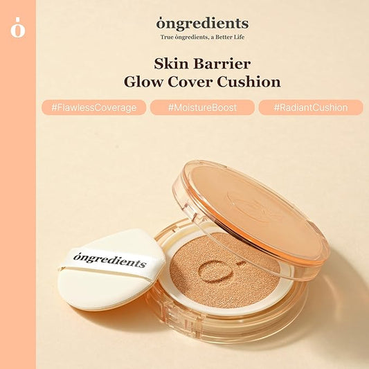 Skin Barrier Glow Cover Cushion, All-day Coverage, Glow Finish, Lightweight, Skincare-Like Texture, Non-cakey Makeup, Korean Cushion Foundation (#21N Sun Glitter, 0.15 oz)