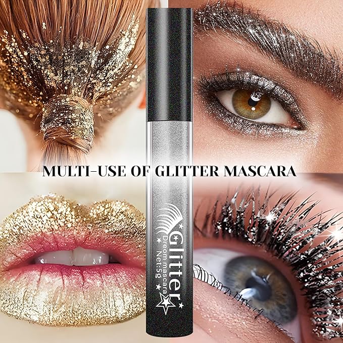 2 Pcs Glitter Mascara & Shimmer Liquid Eyeshadow Set, Long Lasting Waterproof, Shiny Diamond Eye Makeup for Party Dazzling Looks, Metallic Eye Shadow Lipstick Makeup #Set4(Purple+Purple)