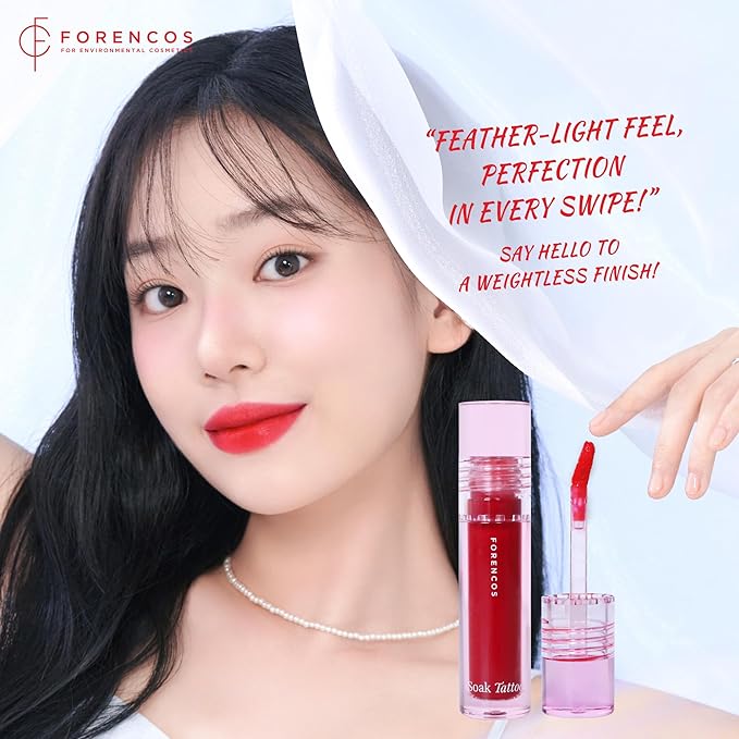 FORENCOS Soak Vegan Lip Tint/Stain, Water Gel Formula, Weightless & Non-sticky Finish, Vivid Color, Smudge-proof, Cruelty-Free, Korean Makeup, Waterproof, 0.11 oz (16 Bon Bon)
