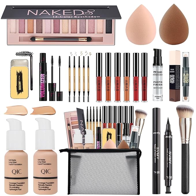 All in One Makeup Kit for Women Full Kit, 12 Colors Eyeshadow, Foundation & Primer, Lipsticks, Mascara, Makeup Brush & Sponge, Brow Pencil & Soap, Eyeliner, Contour Stick, Cosmetics Bag