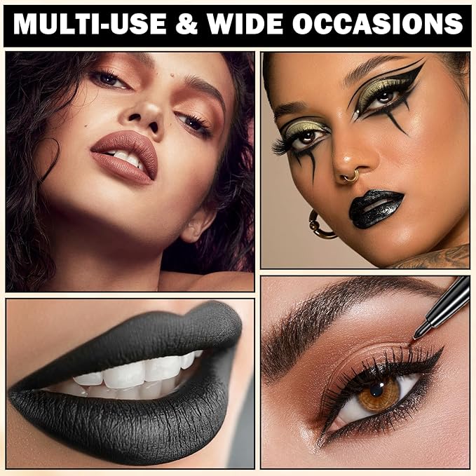 Black Lipstick and Lip Liner Set Lip Kit,3 in 1 Velvet Black Lipstick Halloween Matte Black Liquid Lipstick Lip Gloss with Black Lip Pencil,Hydrating Lip Stain Lip Makeup(Black Magic)
