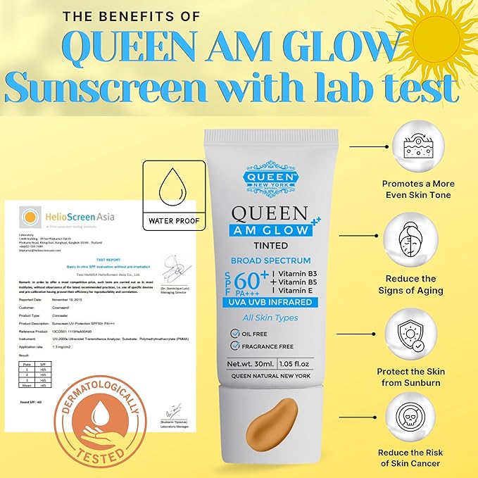 QUEEN AM GLOW | TINTED Sunscreen SPF 60 PA+++Primer-Anti Aging, Face Moisturizer- Vitamin B3, B5, E-fragrance free by QUEEN NATURAL NEW YORK (03-Neutral Tan)
