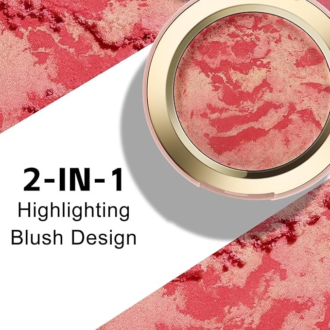 Baked Blush for Cheeks, 2 in 1 Powder Blush Palette and Highlighter, Contouring Shimmer Natural Makeup All Day Wear