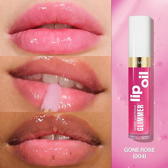Revlon Super Lustrous Glimmer Lip Oil, Moisturizing & Tinted, Shiny Finish, Made with Plant-Based Squalane, 004 Gone Rose, 0.13 fl oz
