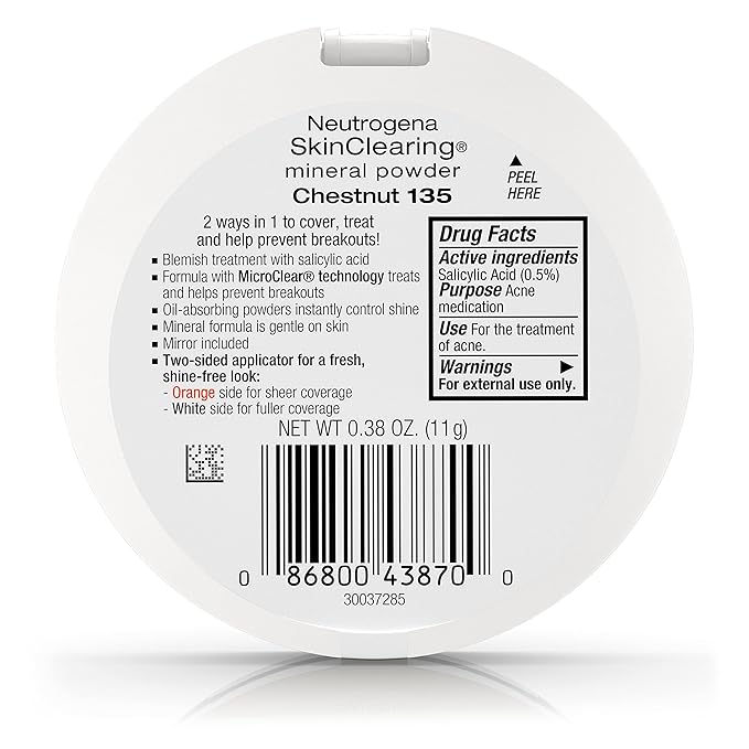 Neutrogena SkinClearing Mineral Acne-Concealing Pressed Powder Compact, Shine-Free & Oil-Absorbing Makeup with Salicylic Acid to Cover, Treat, & Prevent Breakouts, Chestnut 135,.38 oz (Pack of 2)