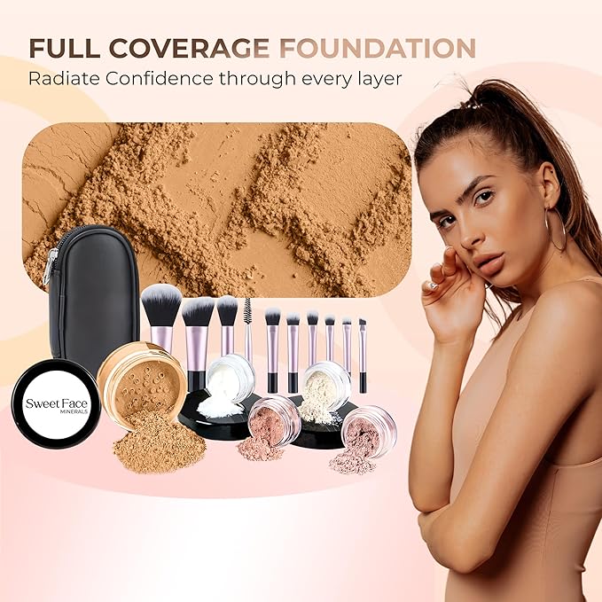 16pc STARTER KIT with 10 BRUSHES SET (DEEP TAN) Mineral Makeup Bare Face Loose Powder Includes Matte Foundation, Veil Primer, Blush, Bronzer, Translucent Finishing Setting Powder SPF 30 Travel Size
