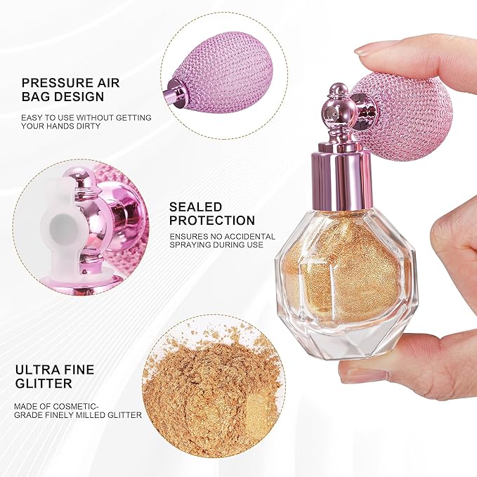 Shimmering Highlighter Powder Spray, Sparkle Powder High Gloss Spray for Face Body & Hair, Long-lasting Glitter Waterproof Face Highlighter Spray for Women Party or Daily Wear, 05