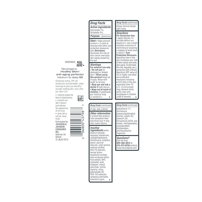 Neutrogena Healthy Skin Anti-Aging Perfector Tinted Facial Moisturizer and Retinol Treatment with Broad Spectrum SPF 20 Sunscreen with Titanium Dioxide, 60 Medium to Deep, 1 fl. oz
