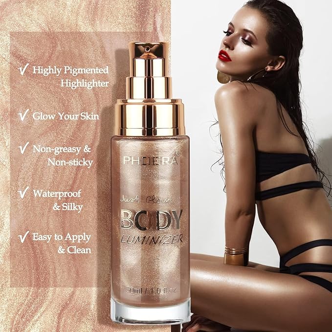 PHOERA High Gloss Waterproof Body Luminizer Glitter Face Shimmer Moisturizer Lotion Tan Cream Foundation Makeup Bronzer AQUAPURITY (101 Rose Gold)