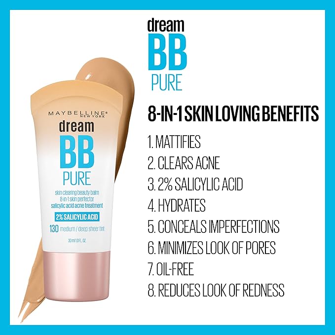 Maybelline Dream Pure Skin Clearing BB Cream, 8-in-1 Skin Perfecting Beauty Balm With 2% Salicylic Acid, Sheer Tint Coverage, Oil-Free, Light, 1 Count (Pack of 2)
