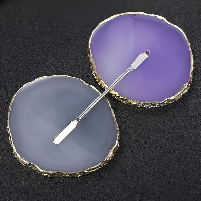 2 PCS Resin Nail Art Palette, Art Painting Gel Palette Gold Edge Color Makeup Display Board Gold Edge Nail Holder With1 Color Stick, Cosmetic Mixing Tools, Purple and Gray