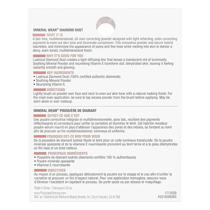 Physicians Formula Mineral Wear Diamond Dust, Radiant Soft-Focus Finish, Talc-Free Powder & Serum Hybrid with Diamond Dust & Vitamin E, Cruelty-Free & Vegan-Luminous Corrector