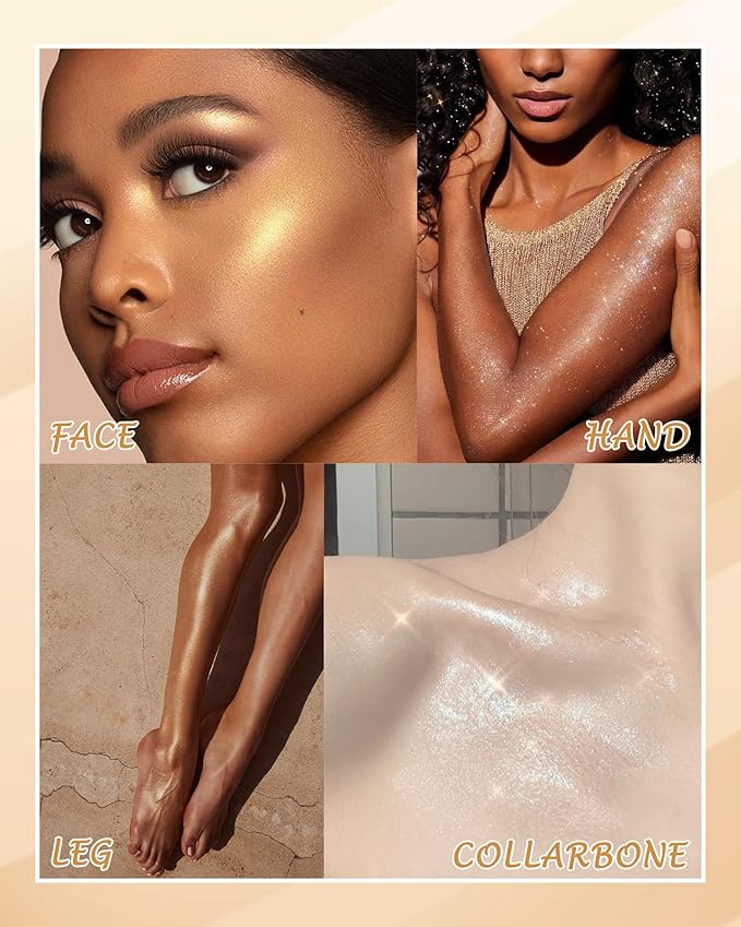Body Shimmer Glow Oil, Waterproof Long Lasting Face Brighten Gold Luminizer, Moisturizing Hydrating Body Liquid Illuminator Highlighter Women Makeup, Shiny Diamond Face Glitter for Festive Party#02