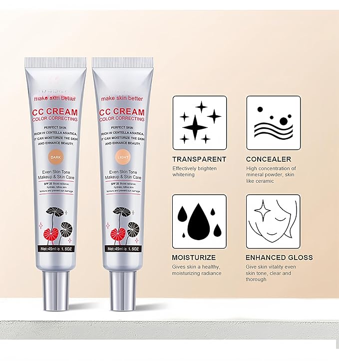 MAEPEOR Color Correcting CC Cream 5 Colors Lightweight Multi-Purpose Facial Concealer with Illuminating Finish Soothes & Hydrates Skin (02 Light)