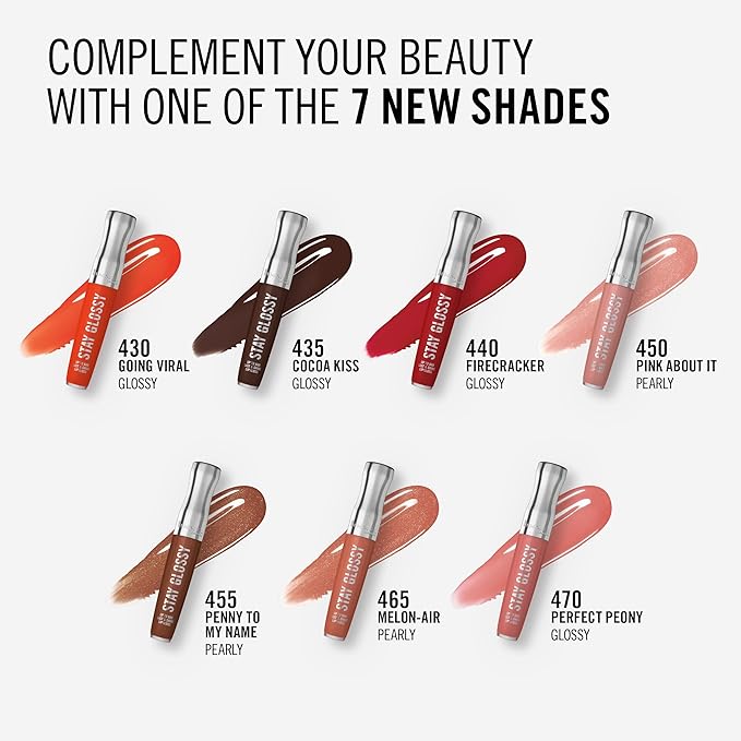 Rimmel London Stay Glossy, 470 Perfect Peony, Lip Gloss, Non-Sticky, Color and Shine, Up To 6-Hour Wear, Precise Applicator, 0.18oz