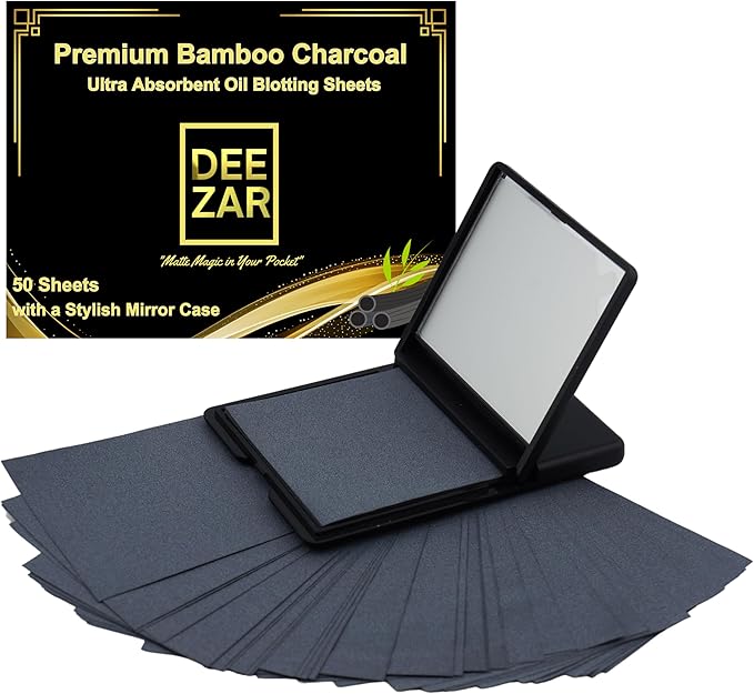 Premium Oil Blotting Sheets for Face with Compact Mirror Case, Bamboo Charcoal – Ultra-Absorbent, Portable, Makeup-Friendly, 50 Thick Sheets for Oily Skin, Ideal for Quick Oil Control