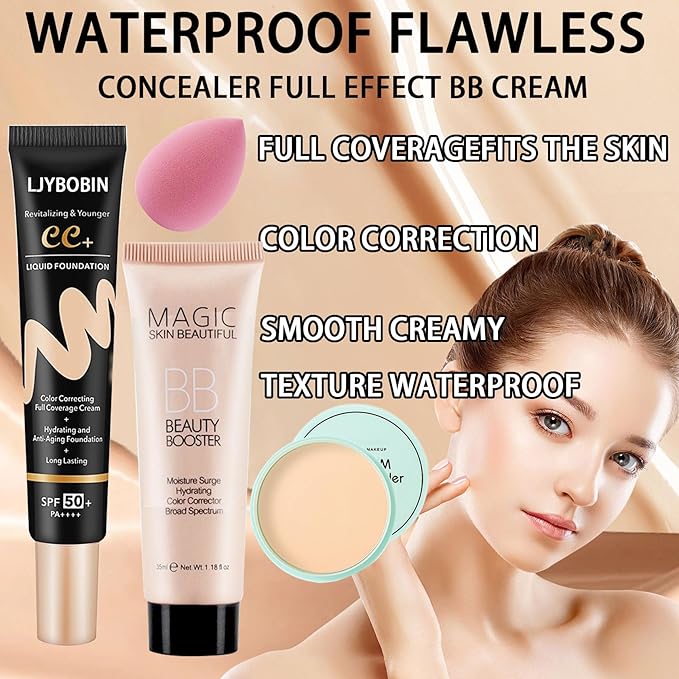 Hydrating CC Cream with Makeup Sponge,Waterproof Flawless Concealer Full Coverage BB Cream and Loose Setting Powder,Long Lasting Full Coverage Liquid Foundation for Men & Women(3 Pcs)