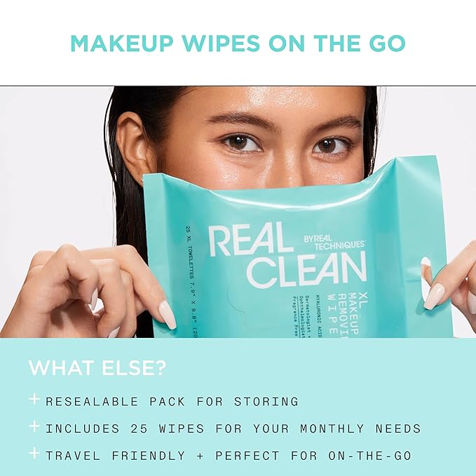 Real Techniques Real Clean Collection Bundle, XL Makeup Removing Wipes, Face Erase Makeup Removing Balm, In-The-Clear Eye Makeup Remover, Reusable Makeup-Removing Pads, Gently Removes Makeup, 4 Items