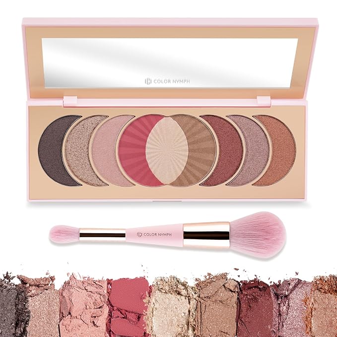 Color Nymph Blush Bronzer Highlighter Palette丨9 Colors Shimmer Eyeshadow Makeup Palettes, High-Pigment Travel Makeup Pallet with Mirror Brush, Cruelty-free & Talc-free