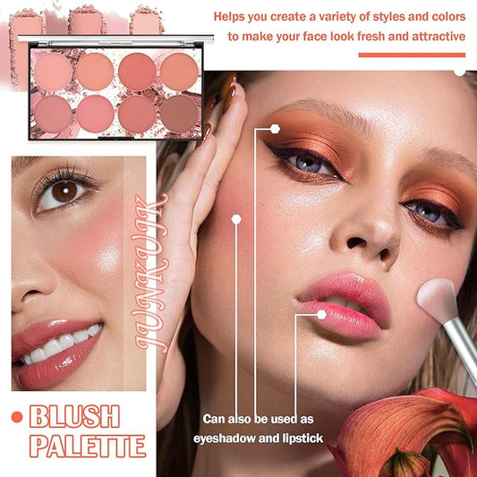 8 Colors Blush Palette,Shimmer Silky Matte Blush Powder Palette,Professional Cute Face Contour Highlighter Blush Palette with Blush Makeup Brush