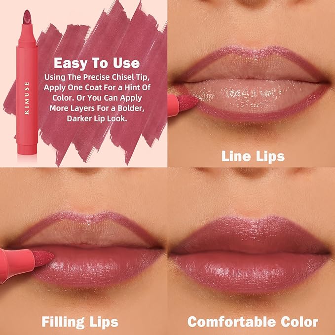 KIMUSE Lip Stain Tip Marker Set, Long Lasting Waterproof Smudgeproof Lip Liner Stain, Matte Natural Finish, All Day Wear Lip Color (Rouge Essentiel)